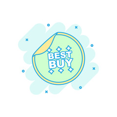 Cartoon colored best buy sticker icon in comic style. Shopping illustration pictogram. Best buy sign splash business concept.