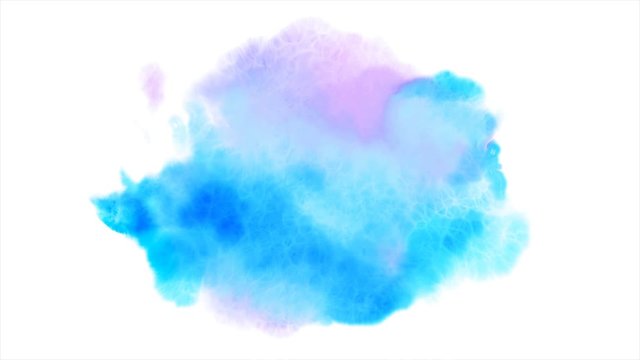 Beautiful blue spot appears on a white background. Light cyan and pink paints spreads on paper forming a blot.