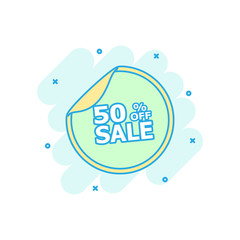 Cartoon colored sale sticker 50% percent off icon in comic style. Shopping illustration pictogram. Sale sign splash business concept.