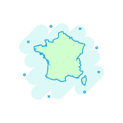 Cartoon colored France map icon in comic style. Country illustration pictogram. France sign splash business concept.