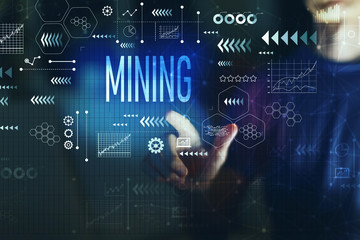 Mining with young man on a dark background