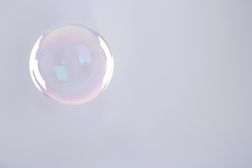 Beautiful translucent soap bubble on grey background. Space for text