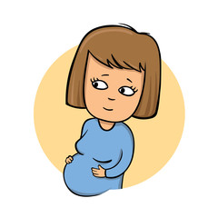 Young pregnant girl, cartoon style icon. Colorful flat vector illustration. Isolated on white background.