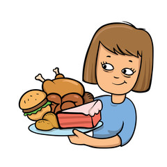 Smiling young lady looking at the plate with unhealthy food. Colorful flat vector illustration. Isolated on white background.