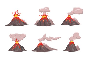 Volcano Icon Set. Colorful flat vector illustration. Isolated on white background.