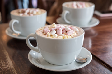 A cup of Hot Chocolate, with Marshmallows on top.
