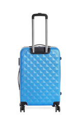 Blue suitcase for travelling on white background