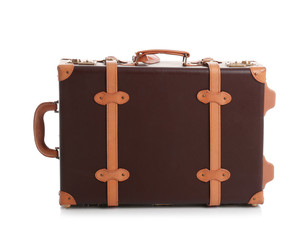 Fashionable brown suitcase on white background