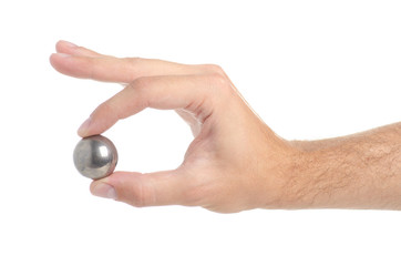 Metal ball in hand on white background isolation