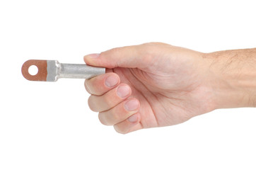 Terminal to wire in a hand on a white background isolation