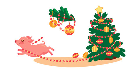 Christmas troubles. Little pig is playing with the garland from the Christmas tree. Cartoon vector illustration
