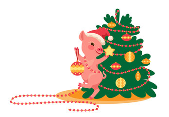 happy pig in Santa hat dancing and prancing around a Christmas tree. Cartoon vector illustration with copy space. Little piggy is decorating the Christmas tree