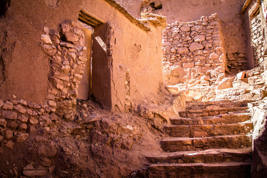 Stone steps in the traditional ancient Berber city. Africa Morocco Ait Ben Haddou