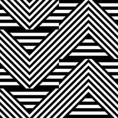 Seamless pattern with striped black white straight lines and diagonal inclined lines (zigzag, chevron). Optical illusion effect, op art. Vector vibrant decorative background, texture.