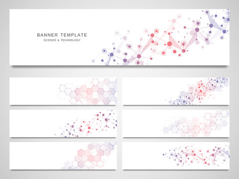 Big set of scientific and technological vector banners. Abstract background with molecular structures.
