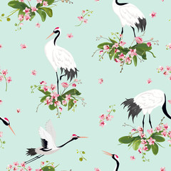 Seamless Pattern with Japanese Cranes and Tropical Orchid Flowers, Retro Bird Background, Floral Fashion Print, Birthday Japanese Decoration Set. Vector Illustration