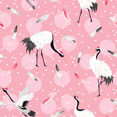 Seamless Pattern with Japanese Cranes and Tropical Flowers, Retro Bird Background, Floral Fashion Print, Birthday Japanese Decoration Set. Vector Illustration