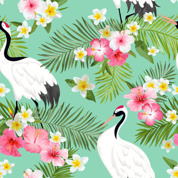 Seamless Pattern with Japanese Cranes and Tropical Flowers, Retro Bird Background, Floral Fashion Print, Birthday Japanese Decoration Set. Vector Illustration