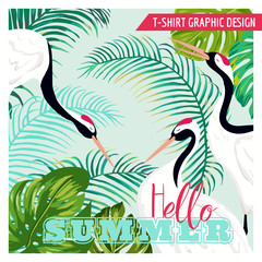 Naklejka premium Graphic Illustration of Japaneese Cranes and Tropical Flowers for T-shirt design, Fashion prints, Banner, Flyer in vector