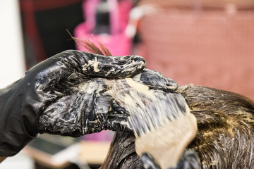Closeup of hair dresser applying chemical color dye onto hair