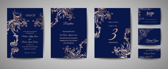 Obraz na płótnie Canvas Luxury Vintage Wedding Save the Date, Invitation Navy Cards Collection with Gold Foil Frame and Wreath. Vector trendy cover, graphic poster, retro brochure, design template
