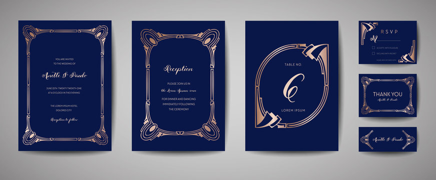 Luxury Vintage Wedding Save the Date, Invitation Navy Cards Collection with Gold Foil Frame and Wreath. Vector trendy cover, graphic poster, retro brochure, design template