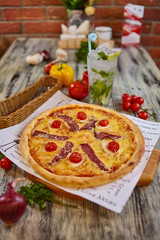 Pizza Chicken, mozzarella, chicken meat isolated on white background.