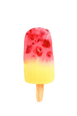 Banana and berry popsicle on a stick isolated on white background.