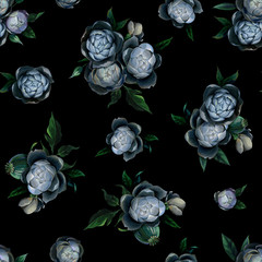 Seamless pattern of different white and blue peony flowers and leaves on dark black background © Kateryna