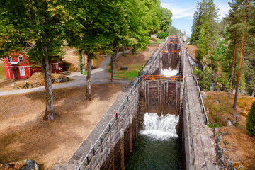 Vrangfoss staircase locks Telemark Canal  Telemark Norway - obrazy, fototapety, plakaty