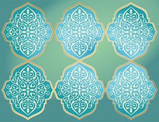 WHITE ORNAMENT ON THE GREEN BACKGROUND. GOLDEN CONTOUR. TRANSITION OF COLORS. ISLAMIC, EASTERN, ARAB, PERSIAN, KAZAKH.