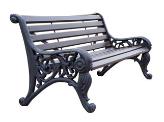 Side view on a gray wooden bench with wrought legs with ornate patterns, isolated on a white...