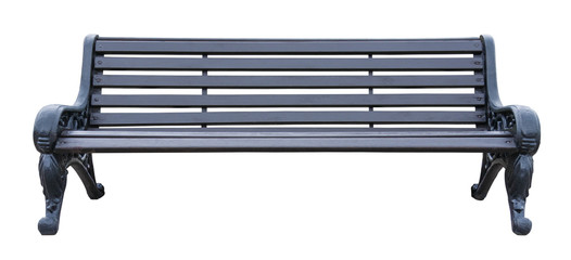 Front view on a gray wooden bench with black metal legs with ornate patterns, isolated on a white background (design element)