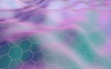 Colorful honeycomb with a gradient color on a light background. Perspective view on polygon look like honeycomb. Wavy surface. Isometric geometry. 3D illustration