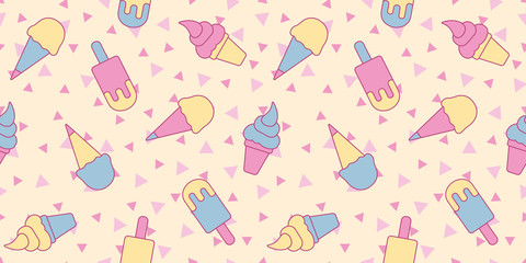 Lovely ice cream vector pattern, seamless repeat. Light yellow and pink triangle background. Trendy punchy pastel colors. Great for apparel, cards, wrapping paper, editorial design etc.