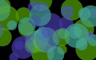 Multicolored translucent circles on a dark background. Green tones. 3D illustration