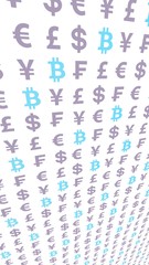 Bitcoin and currency on a white background. Digital Cryptocurrency symbol. Business concept. Market Display. 3D illustration