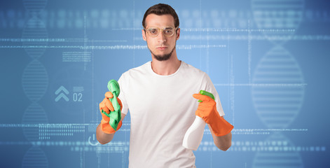 Crowd cleaning theme with male housekeeper and DNS concept wallpaper
