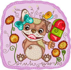 Fototapeta premium Cute dog female eating a popsicle ice cream spring background 