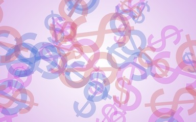Multicolored translucent dollar signs on white background. Red tones. 3D illustration