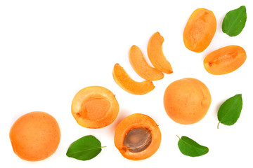 Apricot fruits with leaves isolated on white background with copy space for your text. Top view. Flat lay pattern