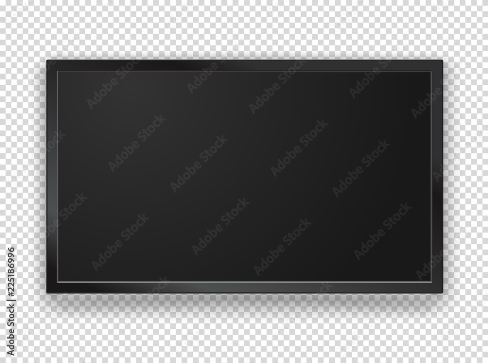 Poster Modern black tv frame with blank screen vector mockup. 1920 on 1080 HD proportion screen. Vector object isolated on transparent background