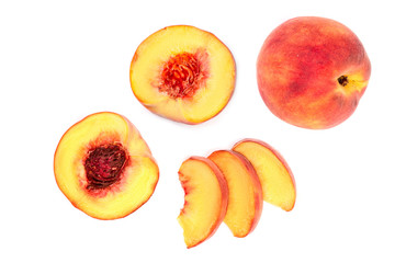 ripe peaches isolated on white background. Top view. Flat lay pattern