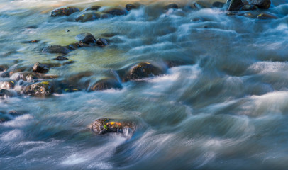 Long exposure shot of Olt river in Transylvania, Romania, focus on the rock, beech leaves in three color.