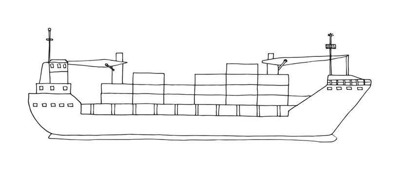 Sketch of cargo ship isolated on white background. Vector