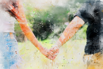 Young couple holding hands watercolor painting on white background,digital art style, illustration painting