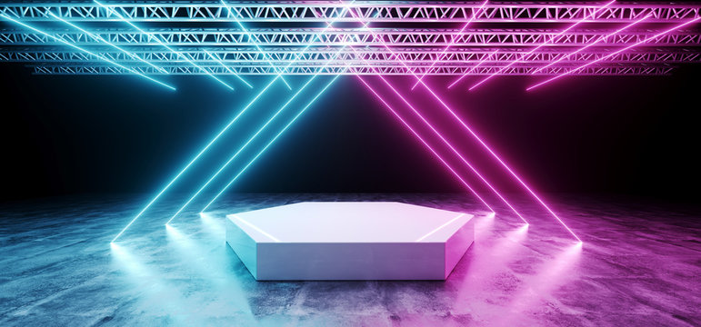 Dark Modern Sci-Fi Futuristic Neon Glowing Blue And Purple Triangle Shaped Lights Tubes  White Club Stage With Empty Space And Black Background 3D Rendering