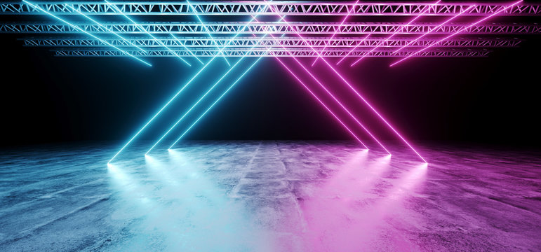 Dark Modern Sci-Fi Futuristic Neon Glowing Blue And Purple Triangle Shaped Lights Tubes  Club Stage With Empty Space And Black Background 3D Rendering