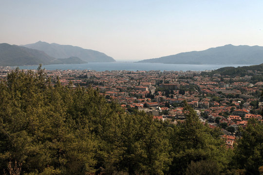 panoramic view of the city of Marmaris and bay, from a hill top