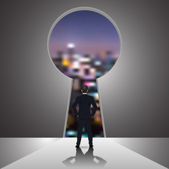 Obraz premium Businessman looking forward to opened door of chance, key hole and night cityscape as business vision, future, direction, goal, success concept. vector illustration.